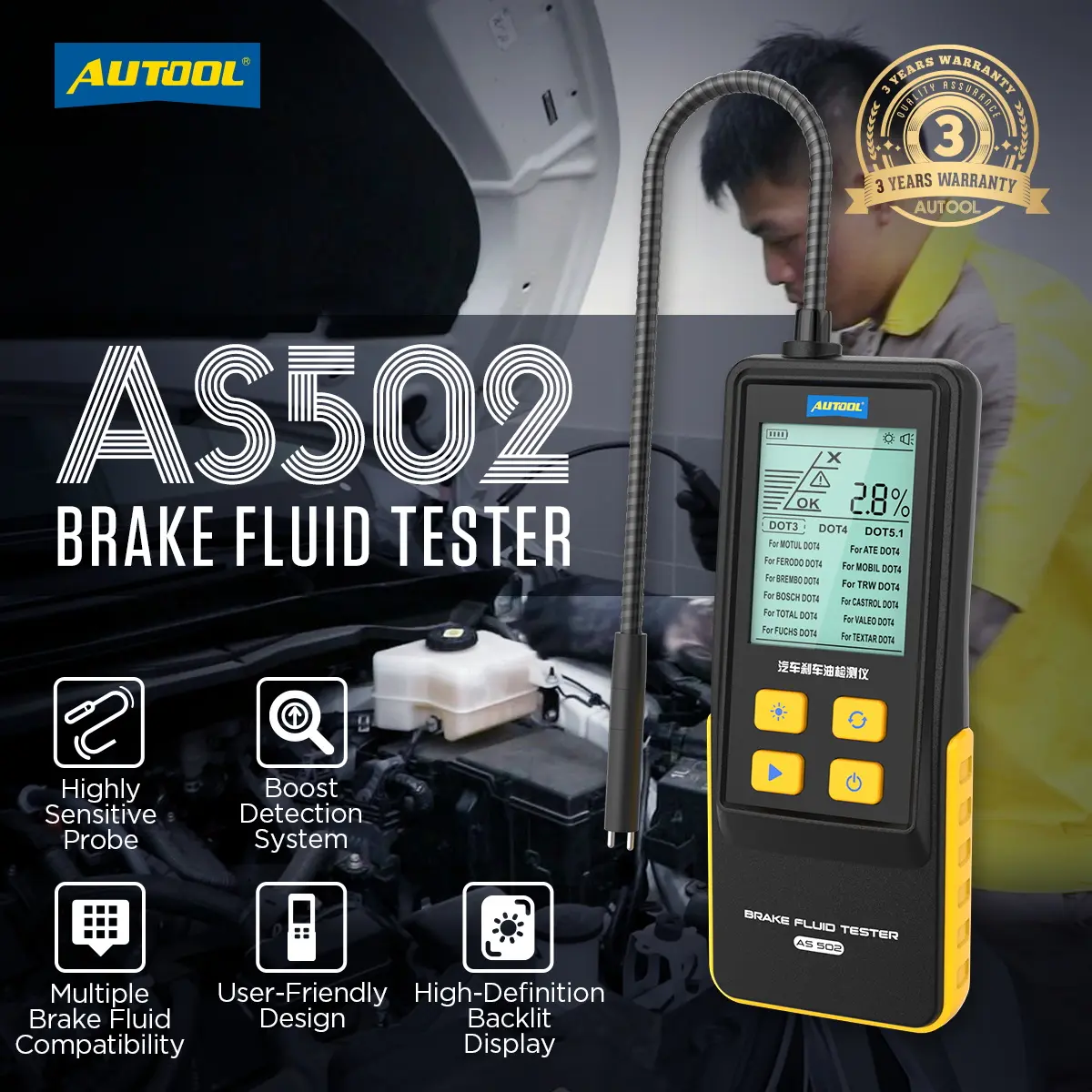 AUTOOL AS502 Handheld Car Brake Fluid Tester Brake Oil Quality Test for Automotive DOT3/DOT4/DOT5.1/ENV4/ENV6 ATE/TRW/BOSCH/MOBI