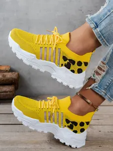 Women's Minimalist Leopard Print Knit Lace-Up Sneakers, Stylish Sneaker Casual All-Day Platform Shoes