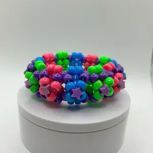 Kandi Cuff - Pink, Blue, Green, and Purple Pony Beads with Star Accents, 3” Wrist Diameter, 3.5” Full Diameter