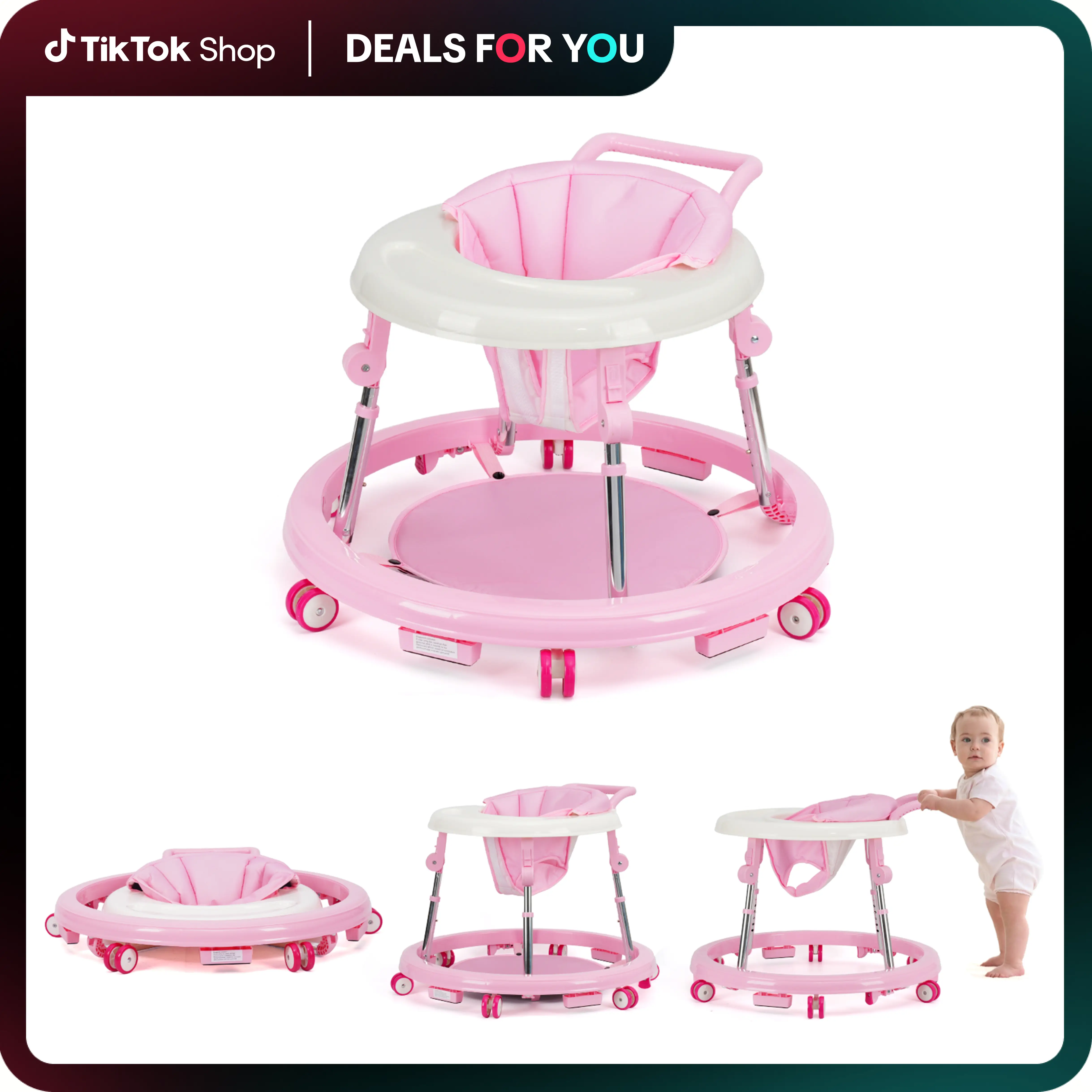 Foldable Baby Walker with 9 Adjustable Heights!Mute Wheels & Footrest, Perfect Activity Center for Boys & Girls Aged 7-18 Months, Portable & Space-Sav