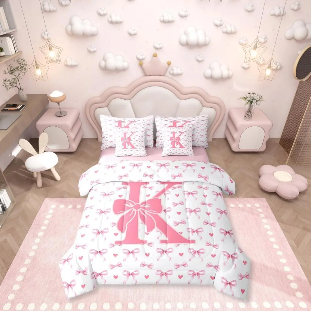 Initial K Letter 7 Piece Comforter Set | Pink Bow Bed in A Bag Dreamy Princess Style Bedding Sets Magical Bow Tie Sheet Set with Comforter