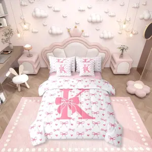 Initial K Letter 7 Piece Comforter Set | Pink Bow Bed in A Bag Dreamy Princess Style Bedding Sets Magical Bow Tie Sheet Set with Comforter