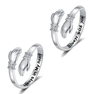 Elegant Hug Design Diamond-Inlaid Rings for Women Open Adjustable Engravable Heartwarming Gift Always in My Heart Always with You 2PCS