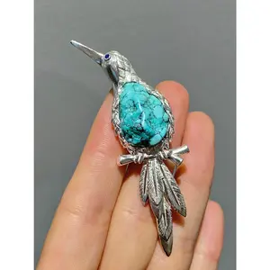 S925 Silver Natural Turquoise Sri Lankan Sapphire Bird Brooch, Pendant