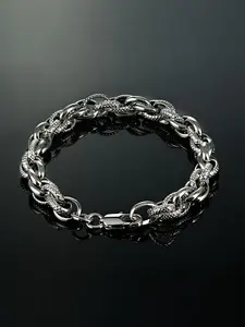 Silver Color Glossy and Textured Links Bracelet, Durable Fade-Resistant, Unisex Fashion Accessory, Trendy Neutral Style, Monaco Chain Bracelet
