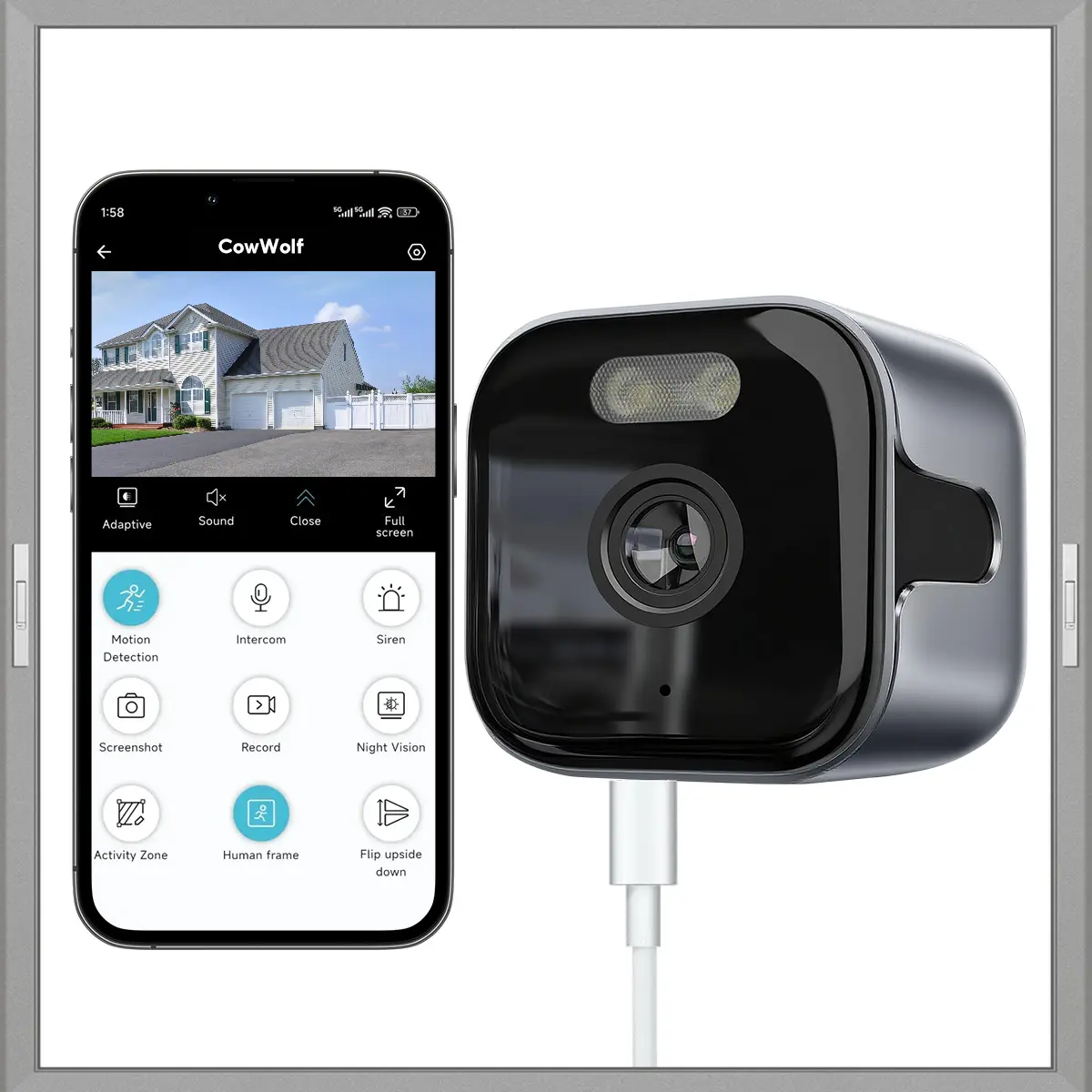 CowWolf 5MP Window Camera,2K Ultra HD Quality with Starlight Night Vision,2.4GHz Wi-Fi Camere for home security,Multisharing and Motion detection,Cloud storage and Motion detection,Two-way audio,Easy & Quick Install