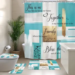 Teal Turquoise Aqua Gold 4Pcs Shower Sets Oil Inspirational Quotes Set with Rugs and Accessories Lid Rug, and Bath Mat with 12