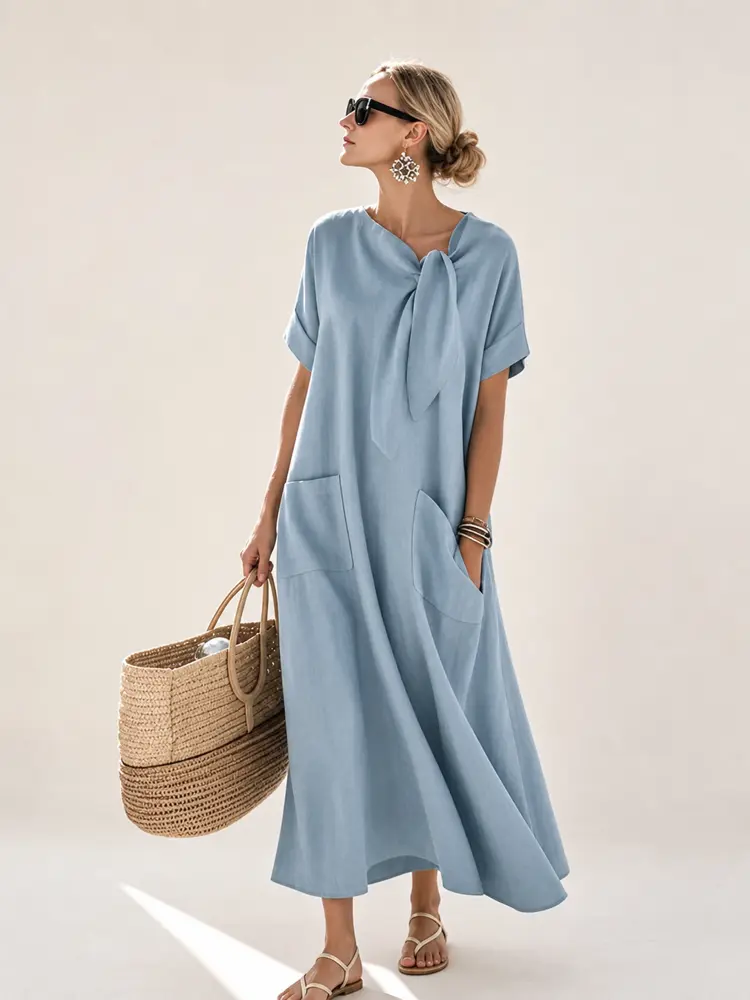 2026 Summer Women Comfort Breathable Polyester Midi Dress,Short Sleeve Tie Neck A Line Flowy Long Dress With Pockets,Loose Fit Casual Vacation Beach Dress Available In S-XXL Solid Multiple Colors