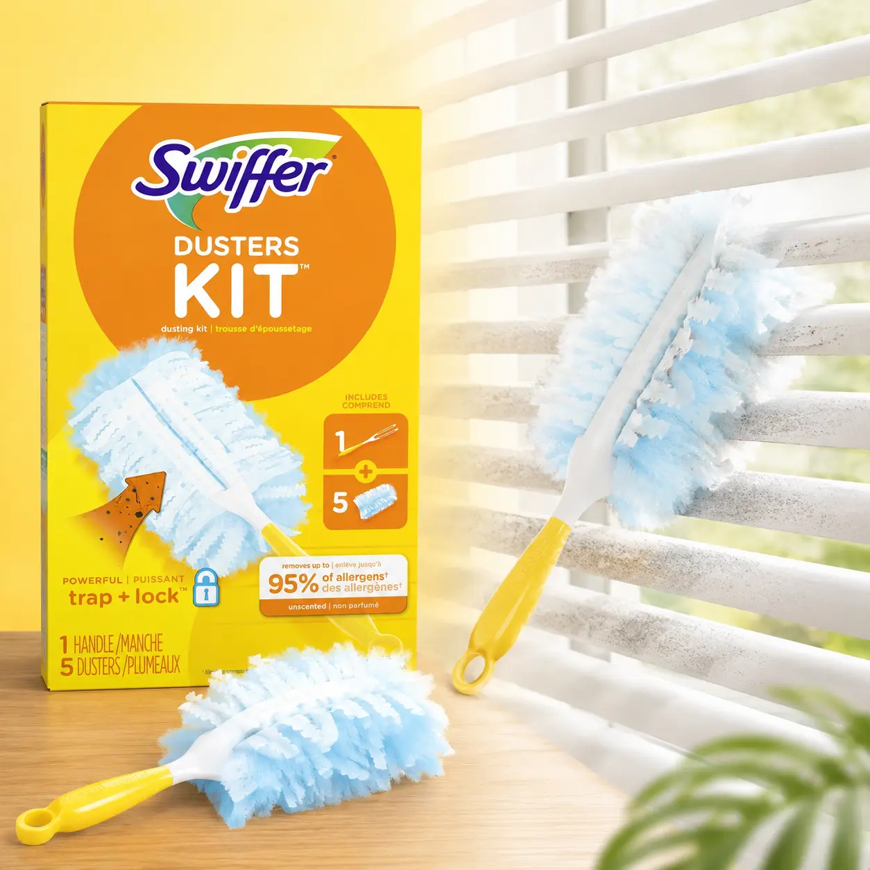 Swiffer Microfiber Duster Kit, dust trapping, allergen pickup, pet hair, cobwebs, blinds, shelves, ceiling fans, baseboards, vents, window sills, TV screens, keyboards, car interior, bathroom, kitchen, reusable handle, disposable dusters, easy refill