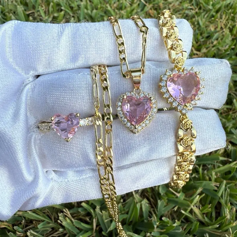 Heart Jewlery Sets Ring Necklace and Bracelet Choose Your Color Gold-Tone Pink Heart Design Fashion Jewelry Collection