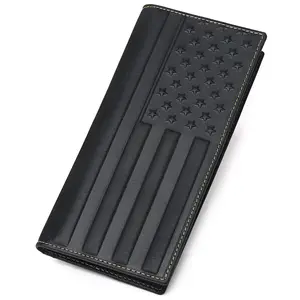 USA Flag Embossed Cowhide Leather Wallet for Men, Vintage Slim Genuine Leather Bifold Checkbook Wallet, Western Cowboy Credit Card Holder Case With ID Window - Perfect Gift for Boyfriend,Husband