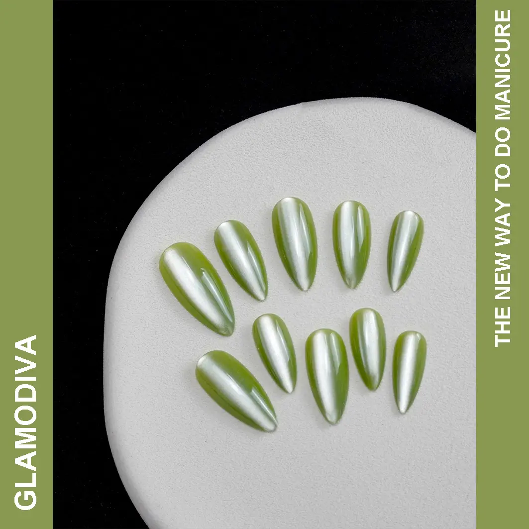 GlamoDiva Almond Collections 24PCS Green Press On Nails Girls Summer 2025 For Prom Work Daily Life