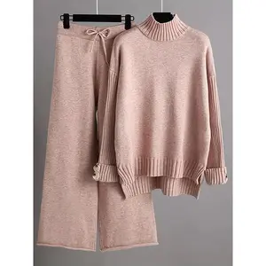 Women's Set Autumn Winter Sweater swear High Neck Pullover Long Pants 2pcs Outfit