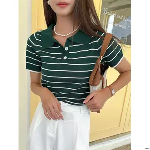 DAZYStripedPatternPoloNeckKnitTop