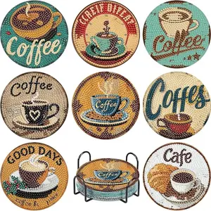 8-Piece Diamond Embroidery Coaster Set Coffee Pattern (with Stand), DIY Diamond Painting Art Craft Kit for Beginners, Home Decor Gift