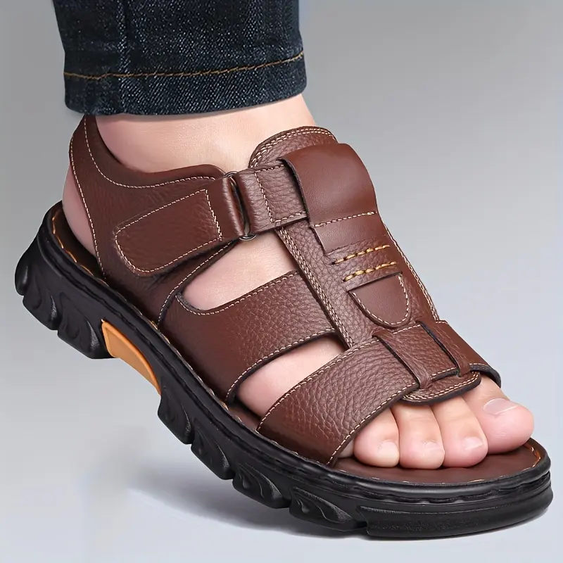 2023 Men's Genuine Leather Sandals - Casual Beach Shoes with Soft Sole, PU Solid Color Driving Slippers, Trendy Footwear