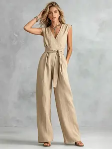 Women’s summer V-neck sleeveless belted jumpsuit, loose wide-leg fit, minimalist and elegant women’s outfit