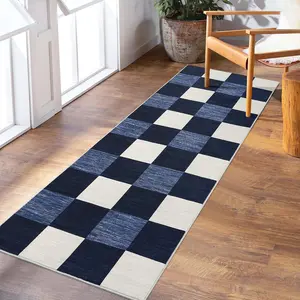 【GARVEE】Checkered Plaid Area Rug 2x6 - Soft, Machine Washable, Non-Slip Foldable Long Runner Rug with Low Pile Modern Geometric Design for Entryway, Living Room, Hallway in Navy Blue