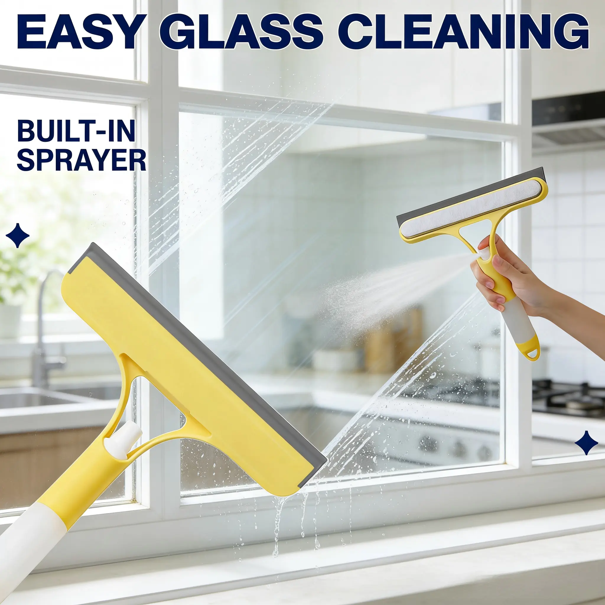 3-in-1 Durable PVC Window Cleaning Tool - Silicone Squeegee, Microfiber Scrubber with Built-in Sprayer, Lightweight White Single Unit for Easy Glass, Multi-Surface Care, Car Cleaning Supplies with Customer Service Assurance