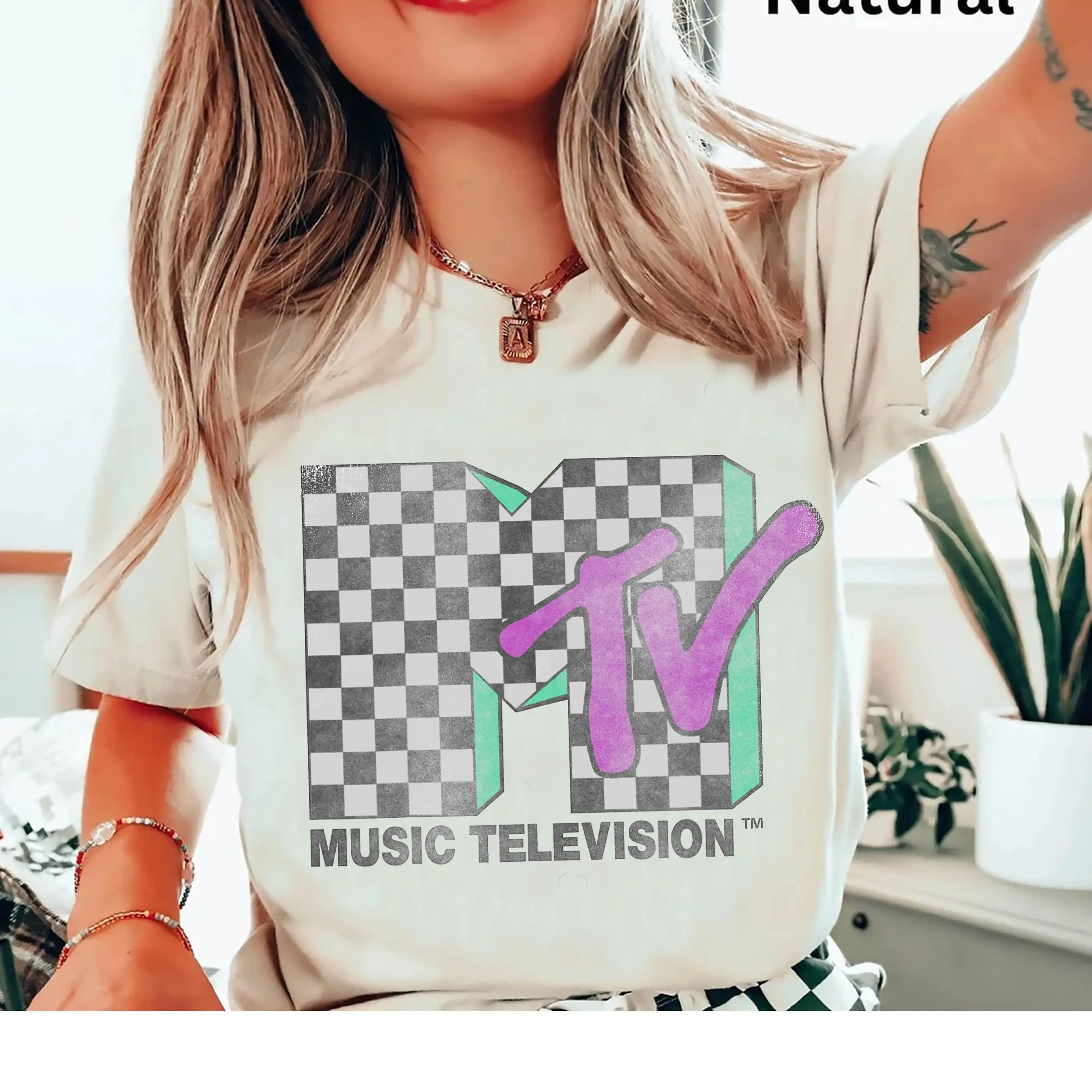 MTV Checkered Distressed Retro Logo T-shirt, Vintage Music Television Tee, MTV Logo T-shirt