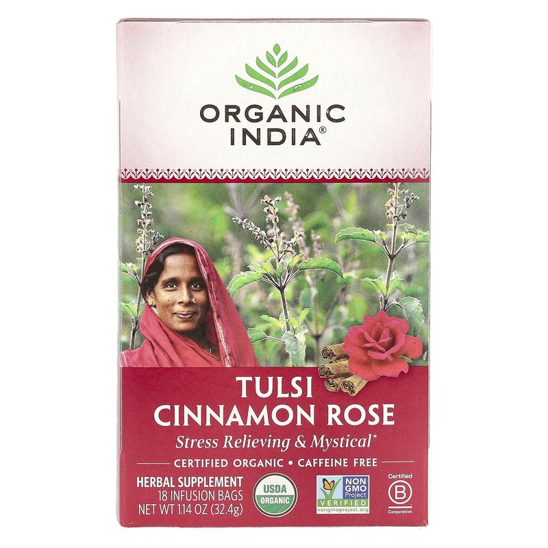 Organic India Tulsi Cinnamon Rose Tea, Caffeine-Free, 18 Infusion Bags, 1.14 oz (32.4 g)
