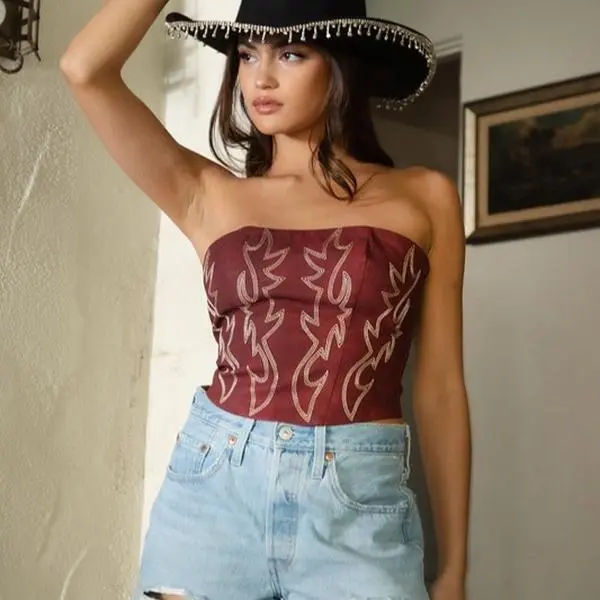 SUEDE LEATHER EMBROIDERED Casual Corset Smoked back