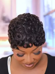Short Layered Pixie Cut Wig Human Hair Curly Human Hair Wigs With Bangs for Women