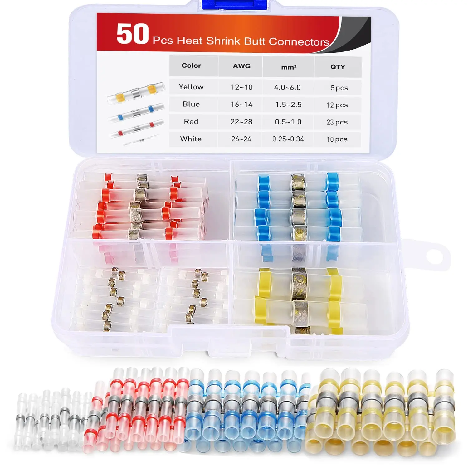 Nilight 50025R Color-Coded Copper Solder Seal Heat Shrink Butt Connectors (50pcs:23 red,12 blue,10 white,5 yellow) - Apply Heat for Melted Solder Sealed, 1-Step Waterproof Insulated Transparent - Marine Automotive Use - 2-Year Warranty