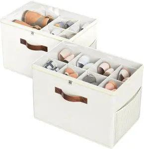 2 Pack Clear Shoe Storage Organizer with Adjustable Dividers, Foldable Closet Shoe Boxes Fits 16 Pairs, Stackable Storage Bins with Handles (Beige)