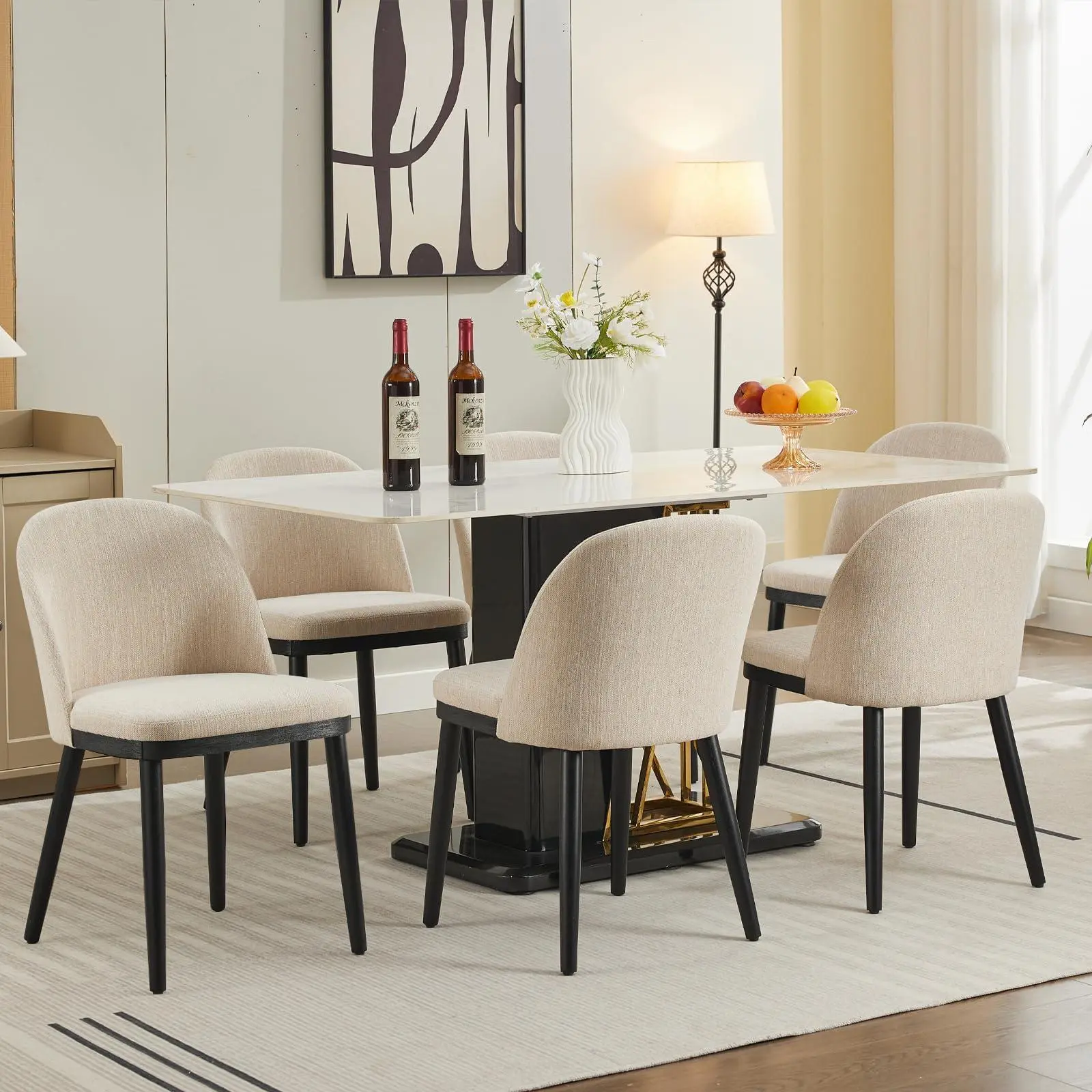 Gaomon Rubberwood Dining Chairs Set of 6, Upholstered Modern Linen Fabric Farmhouse Chairs with Curved Back Support, High Density Foam, Anti-Slips Leveling Ft, Easy Setup, Farmhouse Home Decor for Dining Room, Beige, Rustic Farmhouse Decor