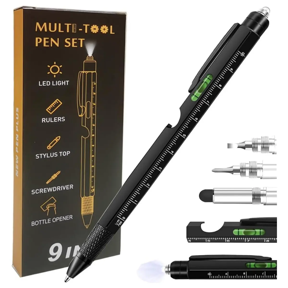 9 in 1 Multitool Pen, Stocking Stuffers Gifts Unique Christmas Birthday Multi Tool Pen for Men Dad Husband Who Have Everything, Cool Gadgets Pocket Multi Tool (Black)