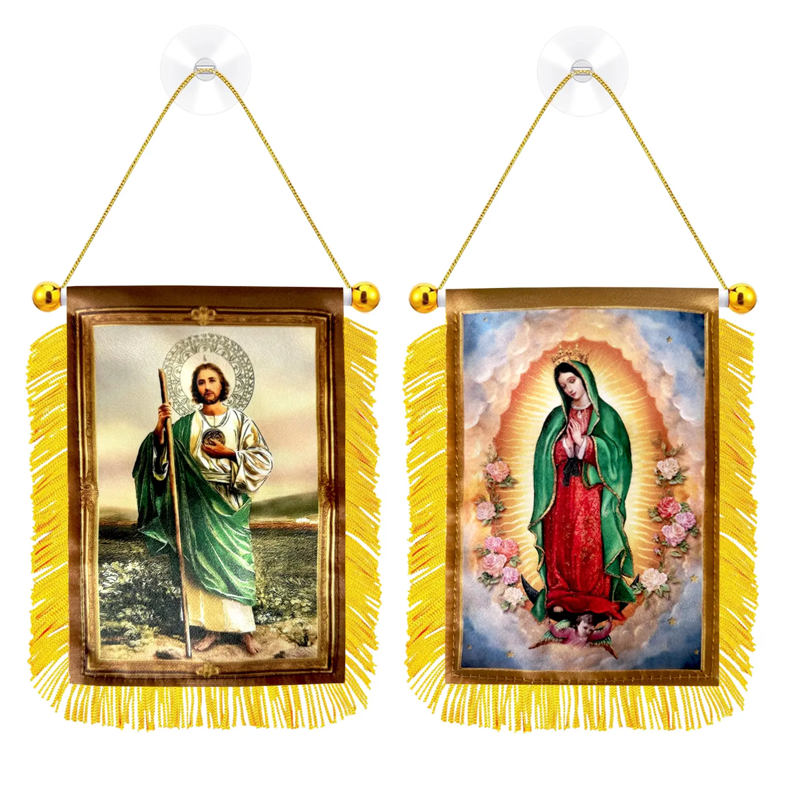 4x6 In Transparent Polyester Religious Fringed Hanging Banner with Suction Cup - Our Lady of Guadalupe & Saint Jude Print Mini Flag, Car Rearview Mirror Decor, Desk Ornament, Ideal Gift for Cinco de Mayo