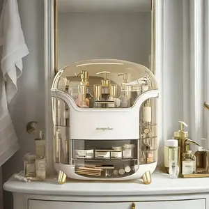 Large Cosmetic Storage Box, Cosmetics Organizer Storage, Transparent Design Makeup Organizer for Countertop and Vanity, Mirror Included Beauty Case Holder