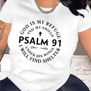 1pc Inspirational Women's Round Neck Short Sleeve T-Shirt | 180g Pure, 'GOD IS MY REFUGE AND MY SHIELD' Psalm 91 Circular Quote Design, Comfortable, Perfect for Faith-Based Events, Casual Wear, Christian Gifts, Stylish Summer Tee White CLL T-shirts-4136
