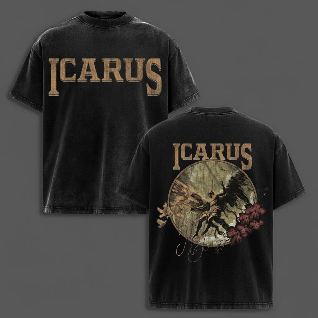 Icarus – Broken Wings Acid Wash Tee, Human Pride & Fall Graphic Tee, Bible Verse Oversized Faith Shirt Crewneck Menswear Top Apparel, Streetwear T-Shirt