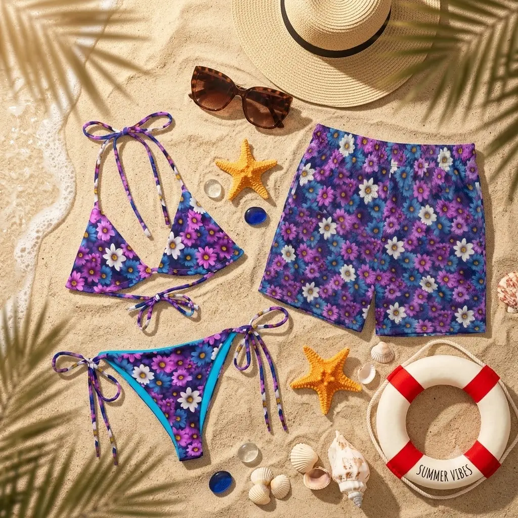 Purple Daisy Matching Couple Swimwear Set - Floral His and Hers Bikini and Board Shorts - Cute Lavender Flower Beach Vacation Outfit for Couples