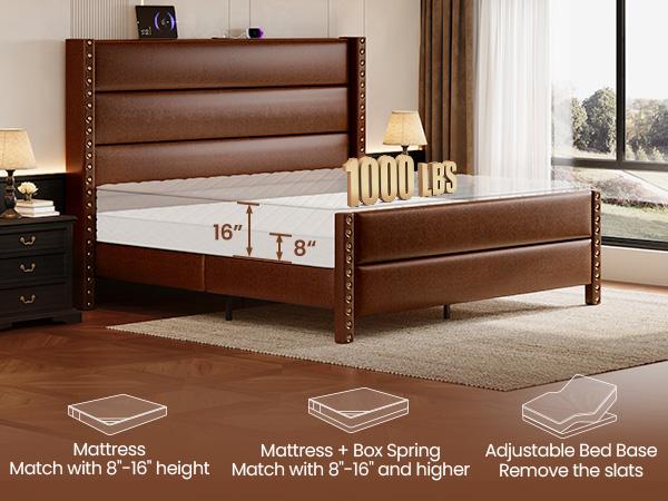 [Summervibes]Modern Brown/Black Leather Bed Frame with USB Charging, Tall Upholstered Headboard, No Noise, Easy Assembly – Bedroom Upgrade Must-Have