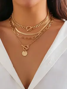 European and American Style Four-Layer Stackable Ot Clasp Necklace for Women, Vintage Hip-Hop High-End Collar Chain