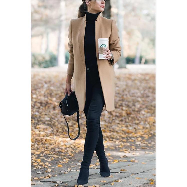 Women's Solid Color Collar Long-Sleeve Woolen Coat, Basic Navy Style, Polyester-Blend Fabric