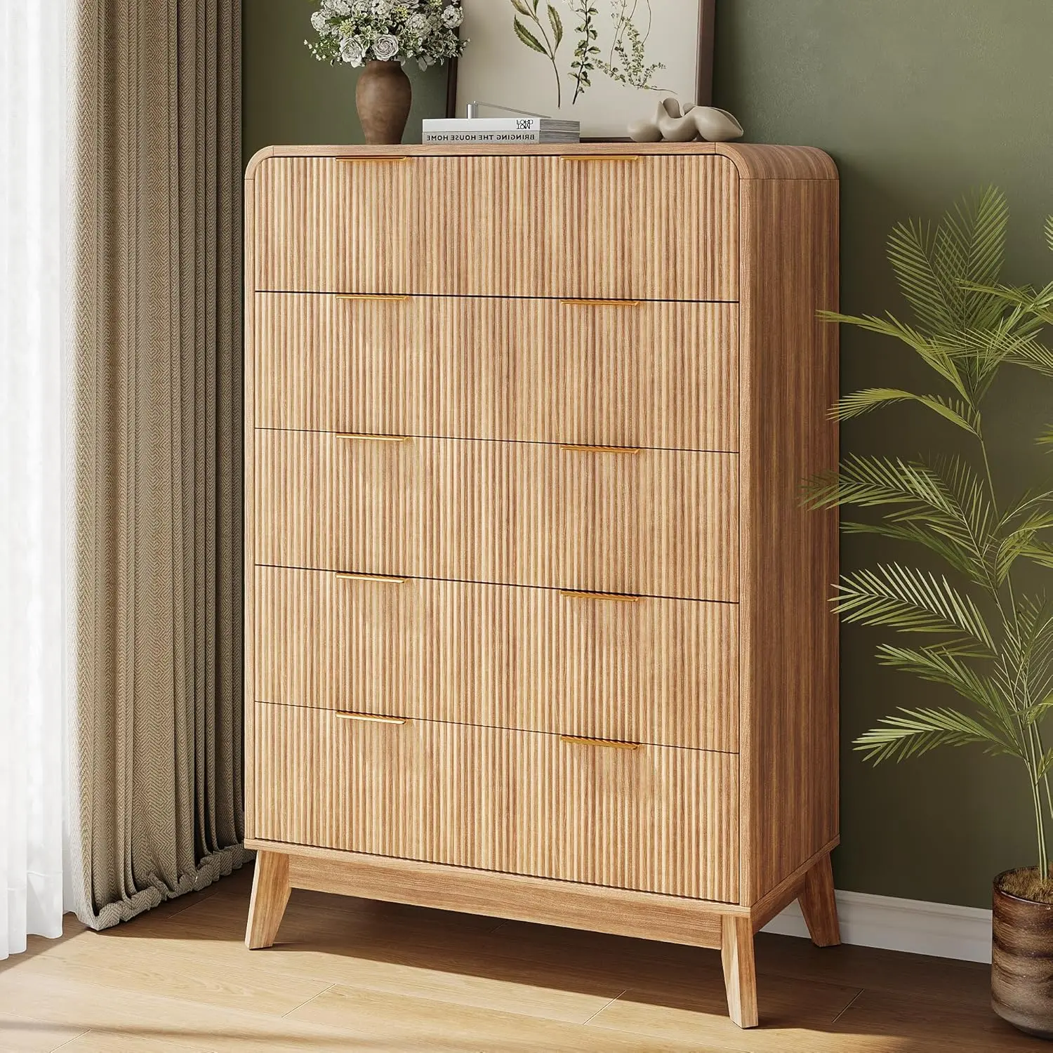 Fluted 5 Drawer Dresser for Bedroom, Chest of Drawers with Curved Profile Design, Modern Wooden Dresser TV Stand with Organizer Storage for Living Room, Entryway, Natural Oak wide storage walnut  kitchen  cabinets kitchen  cabinets drawer  dresser