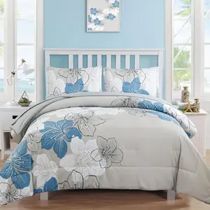 Floral Comforter Set Queen Size, Blue Floral Comforter and Sheet Set, 7 Pieces Bed in a Bag Soft Microfiber Complete Bedding Sets for All Seasons 90"×90"