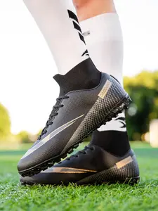 Men's Letter Graphic Print Lace Up High Top Soccer Shoes, Sporty Breathable Comfortable Football Cleats, Professional Sports Shoes for Training Competition, Turf Shoes