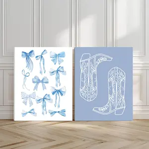 2pcs Western Style Wall Art, Cowboy Boots Poster, Festive Bows Art Prints, Blue Shades Home Decor, Modern Wall Paintings, Minimalist Canvas Posters Wall Arts, Decor for Living Room, Restaurant, Kitchen, Bedroom, Housewarming Gift, With Frame
