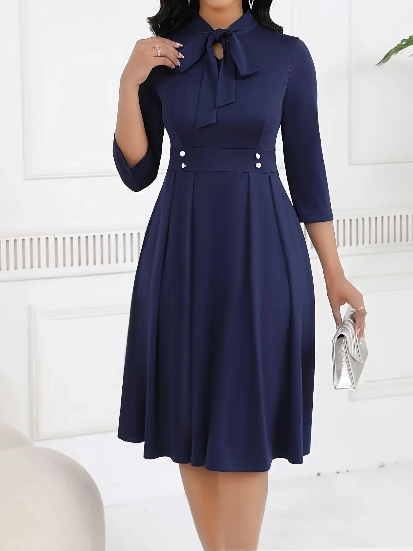 Summer Belted Waist A-Line Solid Fitted Fabric Dress, Elegant Formal Style Modest Office Wear, Suitable for Church, Wedding, Business Meetings, Daily Office, Slimming and Concealing