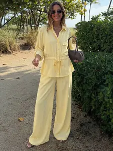 Women's Spring Summer Fashion Aesthetic Casual Solid Color Polyester Blouse Set, Button Front Folded Sleeves Shirt, High Waist Wide Leg Pants, Daily Vacation Style