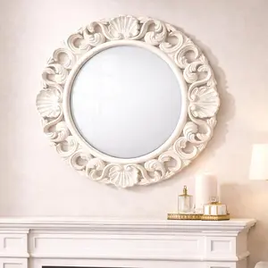 Vintage Floral Round Mirror 18x18 Inch Distressed White Carved Wood Frame Decorative Wall Mirror for Bathroom & Living Room Hangable Mirror