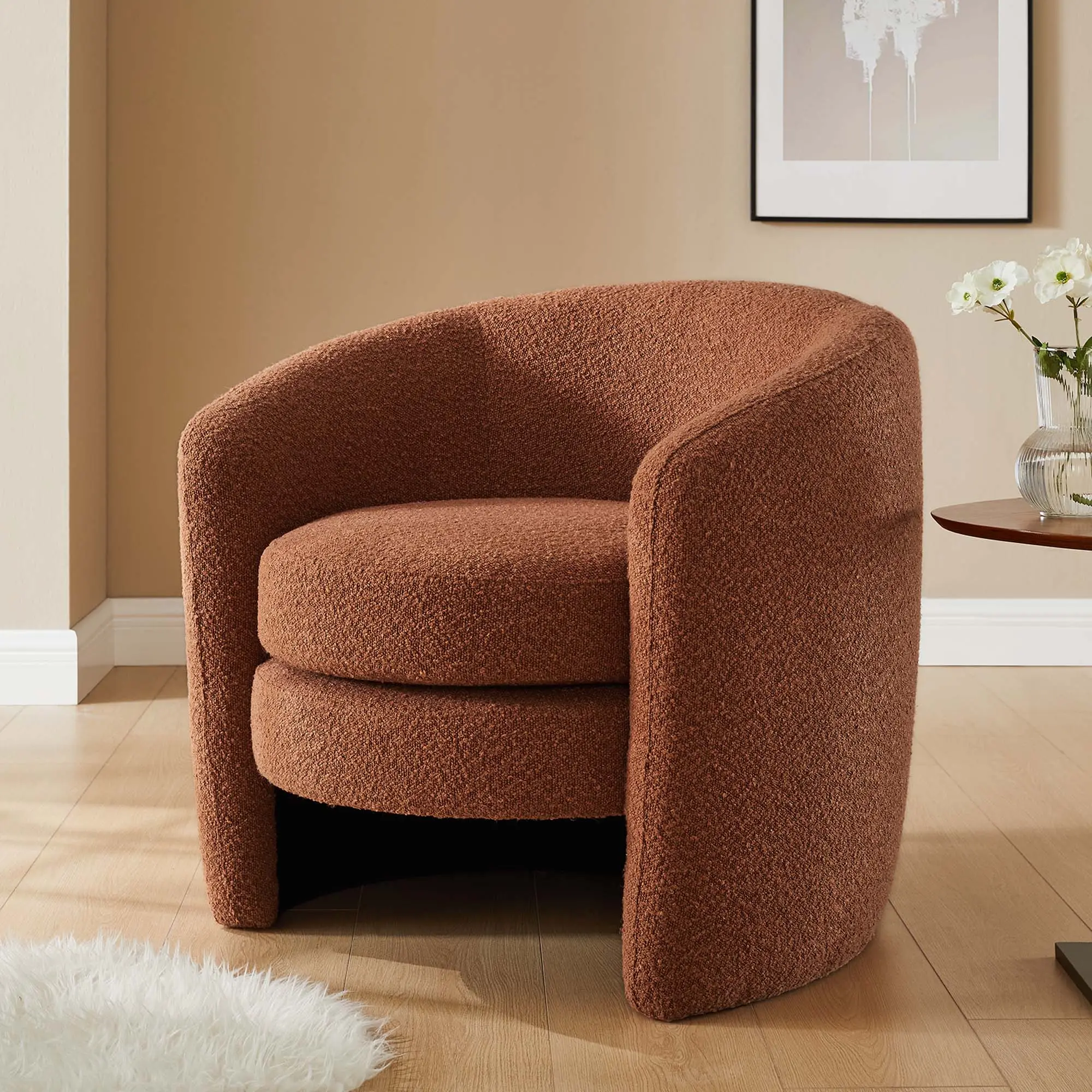Modway Affinity Upholstered Boucle Fabric Living Room Chair - Curved Back, Rust Indoor Armchair, Living Room Chairs, Modern Armchair, Barrel Chair