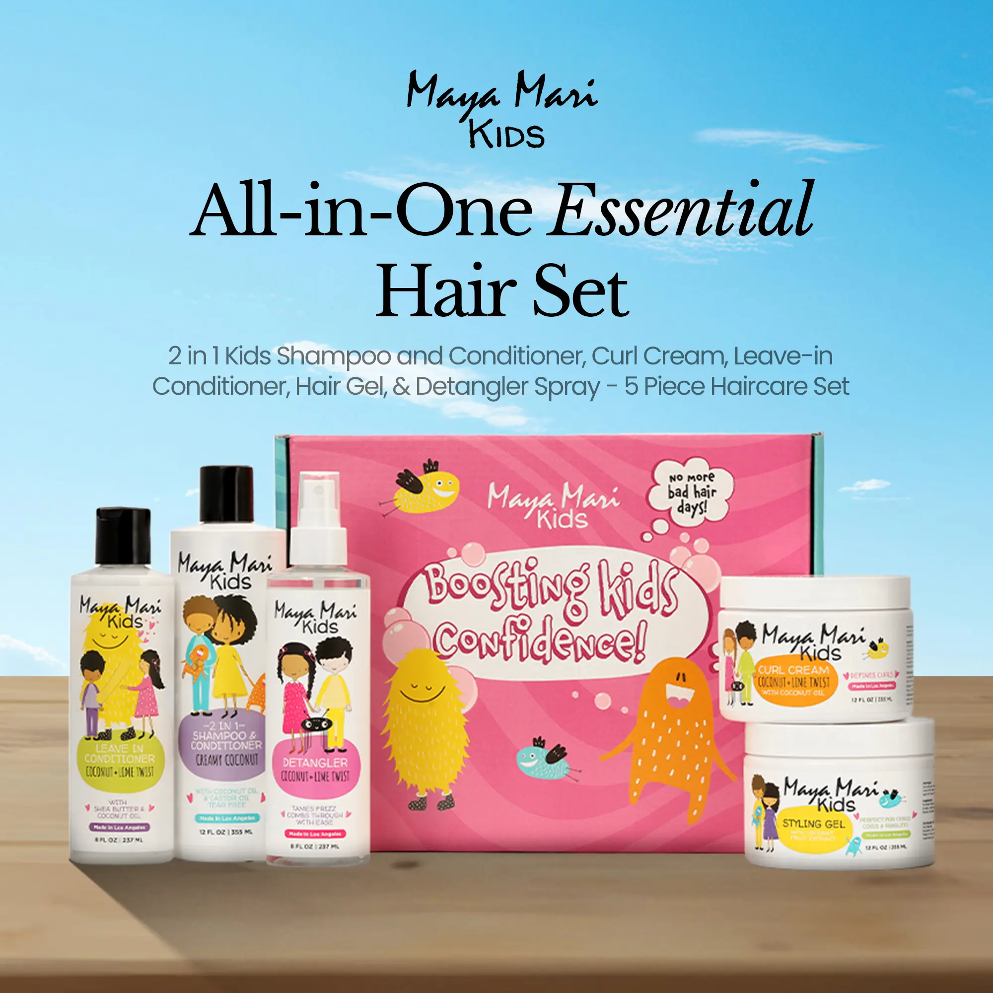 Maya Mari Kids 2 in 1 Kids Shampoo and Conditioner Set with Curl Cream, Leave-In Conditioner, Hair Gel & Detangler Spray - 5 Piece Haircare Kit Coconut Oil Hydrate Daily Gentle Shea