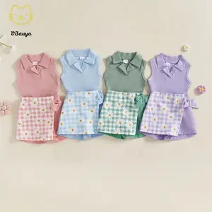 2Pcs Baby Girl Summer Outfits Sleeveless Collared Tank Tops + Floral Skirt Shorts Set Toddler Clothes