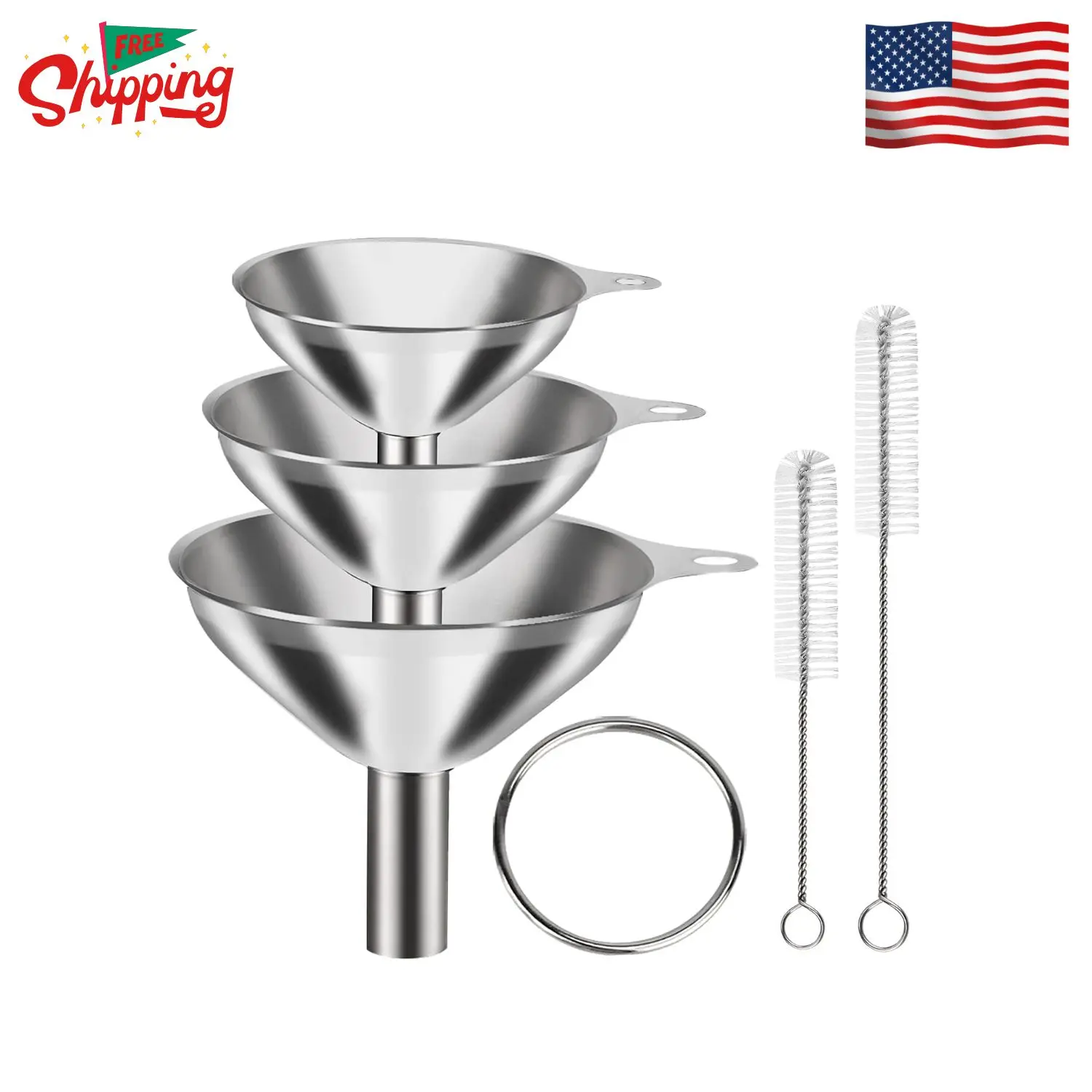 6 Pcs Stainless Steel Mini Funnels for Kitchen use, Set of 3 with Cleaning Brushes